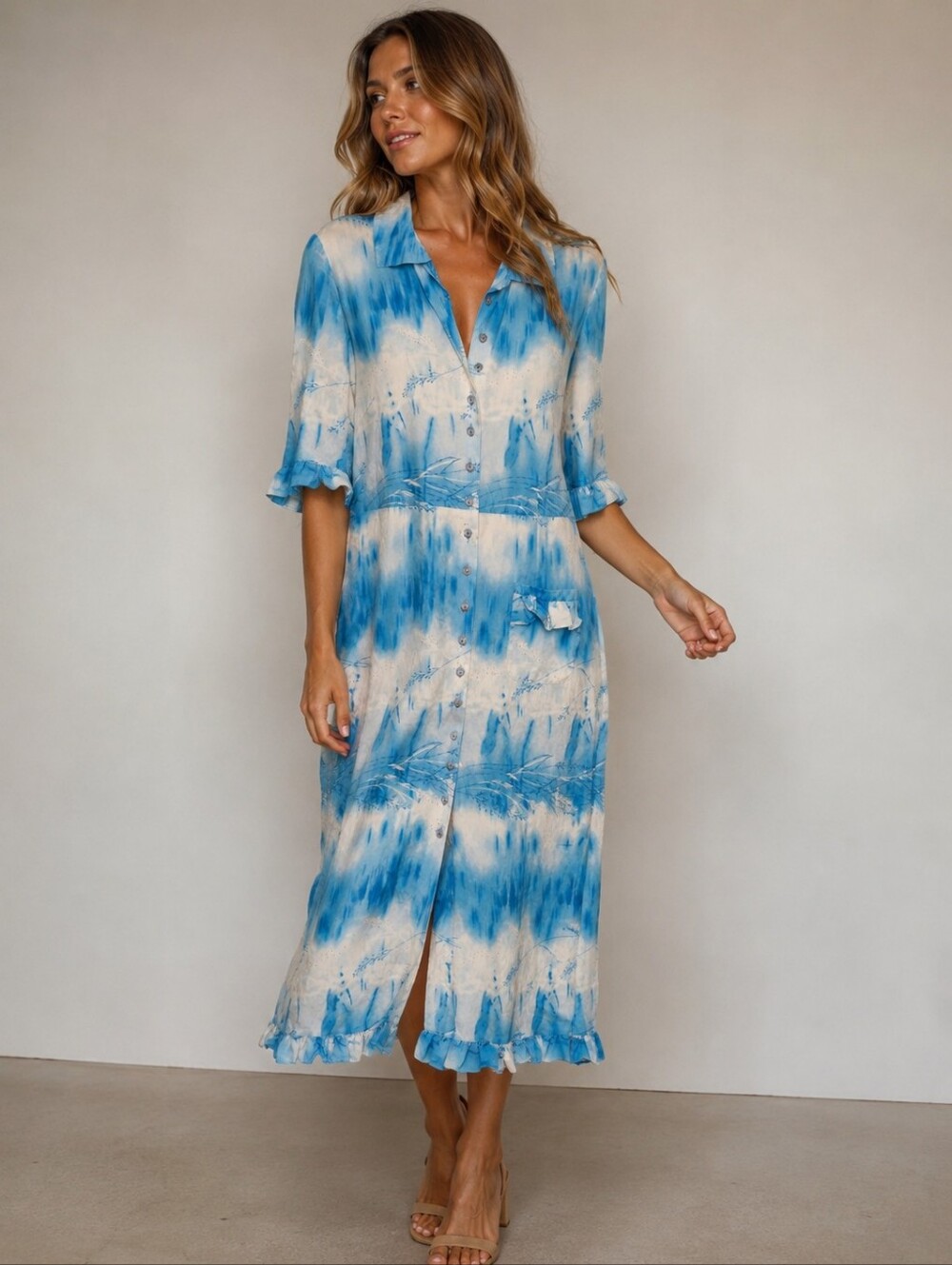 ❤️ ARGENTI 90'S ViINTAGE SILK BUTTON DOWN RUFFLED TIE DYE MIDI DRESS. 8